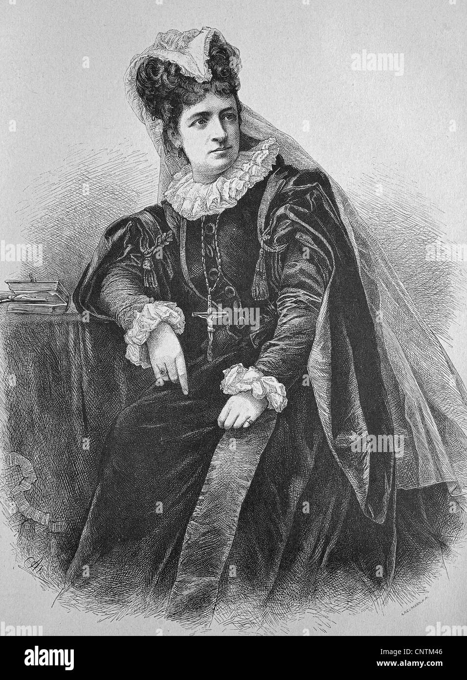 Mary Stuart, gespielt von Franziska Ellmenreich, deutsche Schauspielerin, 1847-1931, historische Holzstich, ca. 1880 Stockfoto
