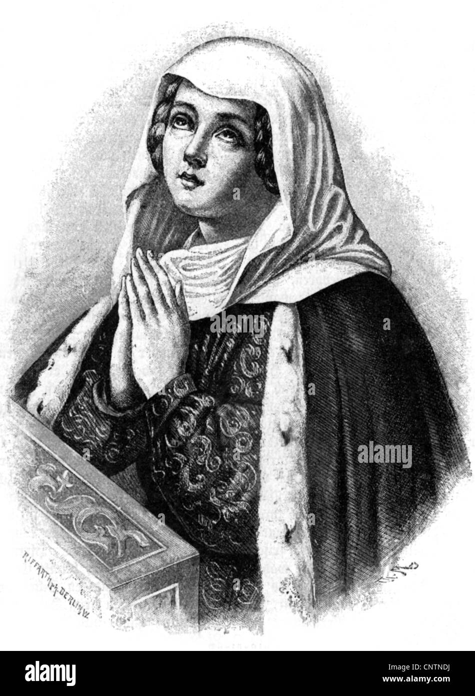 Anna, 7.3.1437 - 31.10.1512, Kurfürstin Consort Brandenburg 20.12.1470 - 11.3.1486, Beten, Holzgravur von Riffart, 19. Jahrhundert, Stockfoto