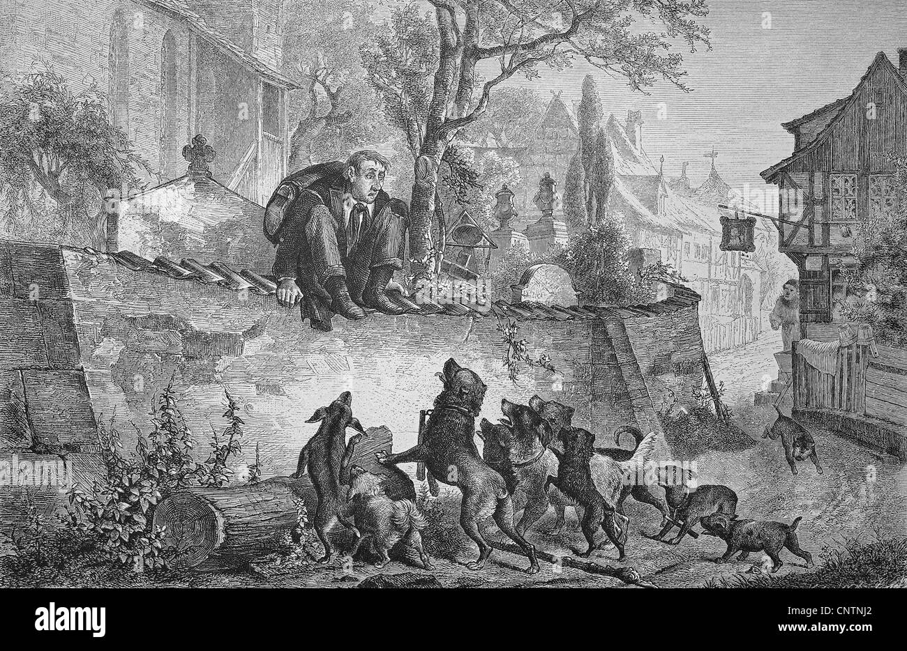 Menschen, die Angst vor Hunden, historische Holzstich, ca. 1880 Stockfoto
