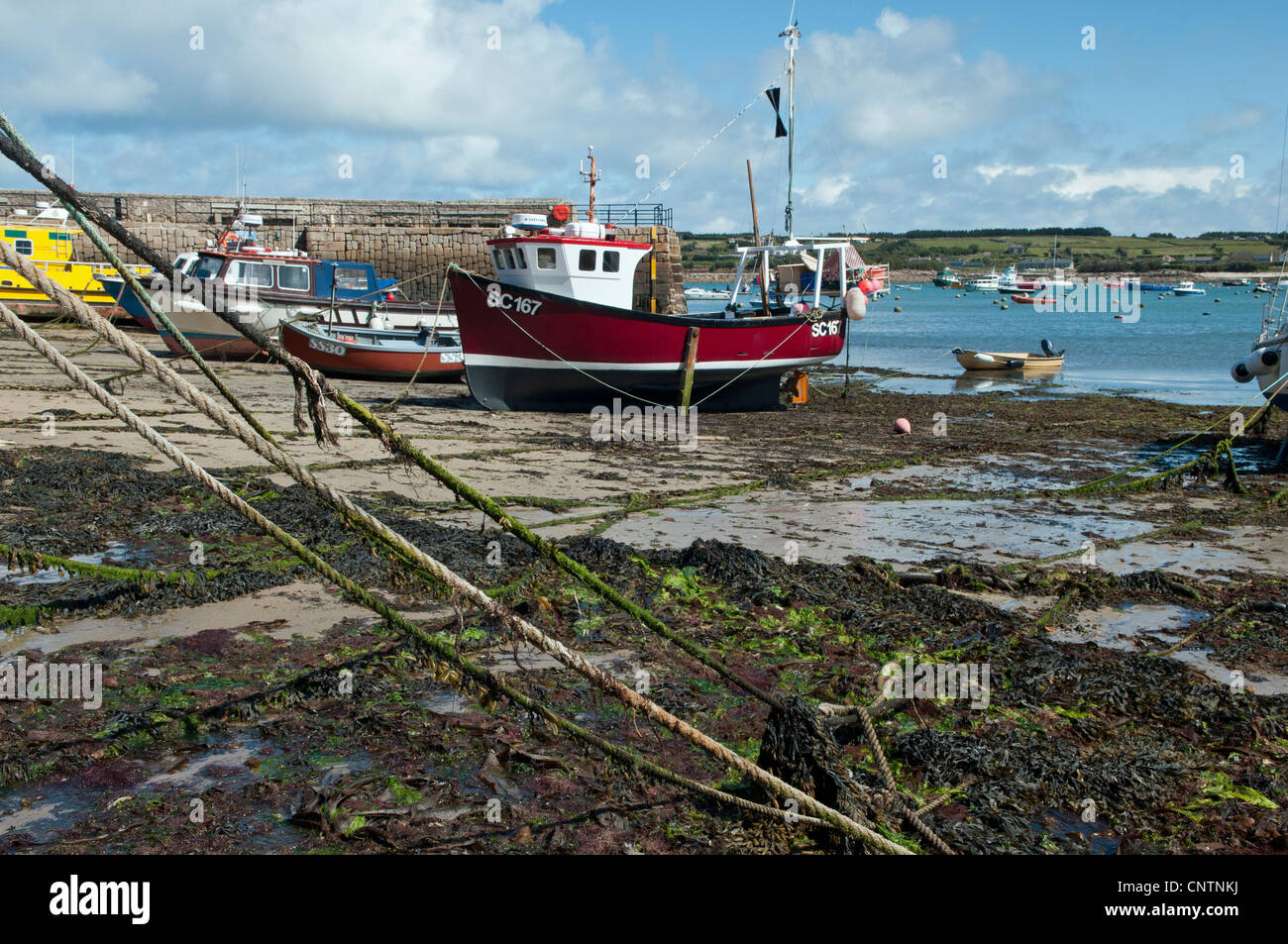 Angelboot/Fischerboot vor Anker am Stadtstrand auf der Scillies Stadt von Hugh Town Stockfoto