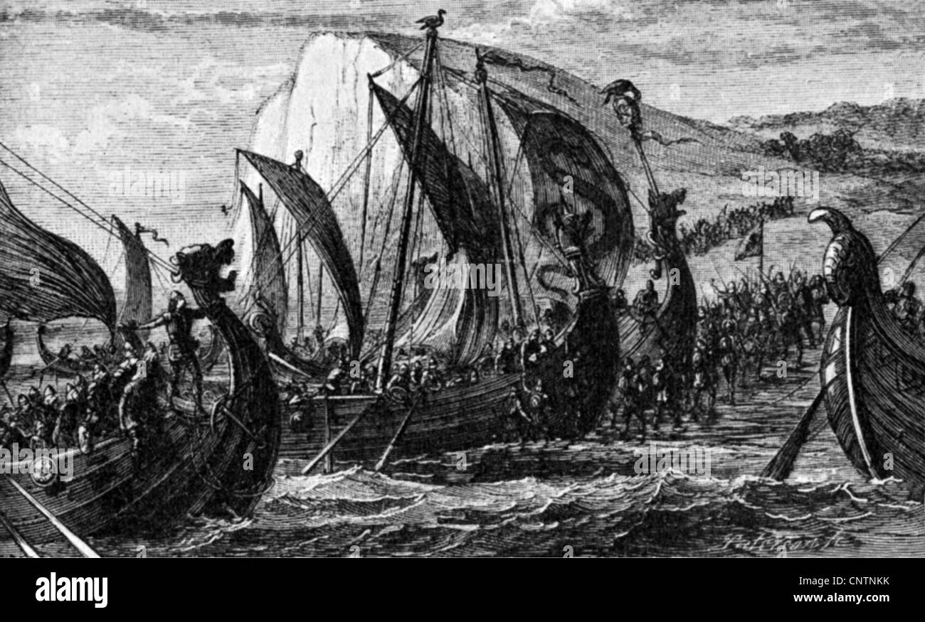 Mittelalter, Wikinger, normannische Langschiffe, Holzstich von Paterson, 19. Jahrhundert, Zusatzrechte-Clearences-nicht vorhanden Stockfoto