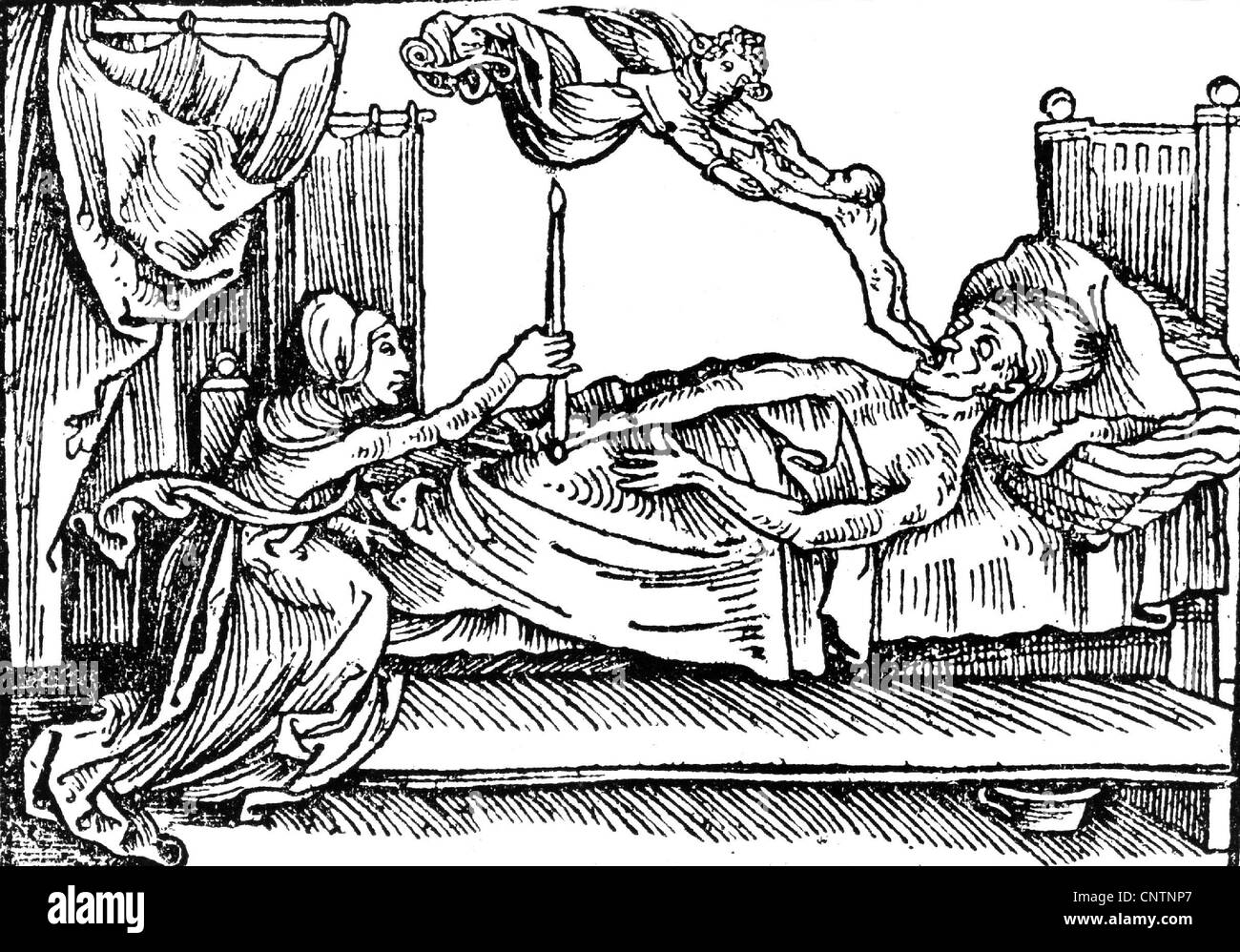 Tod, Todesengel, der die Seele in Kinderform nimmt, Holzschnitt, Augsburg, um 1508, Zusatz-Rechte-Clearenzen-nicht vorhanden Stockfoto