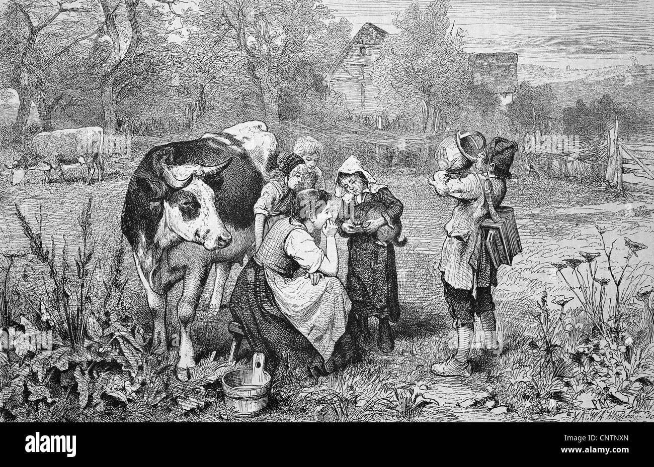 Savoyards Kinder mit Kuh, Savoyen, Frankreich, Milch trinken, historische Holzstich, ca. 1880 Stockfoto