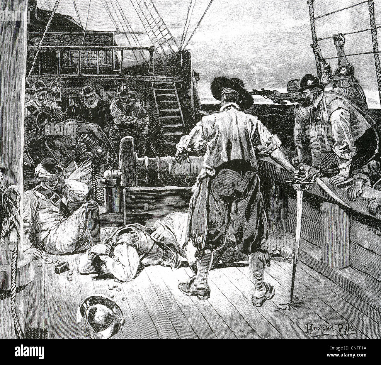 SIR FRANCIS DRAKE auf der rechten Seite mit seiner Crew auf Santiago, Kapverdische Inseln, einsteigen in ein spanisches Schiff in Kupferstich von Howard Pyle Stockfoto