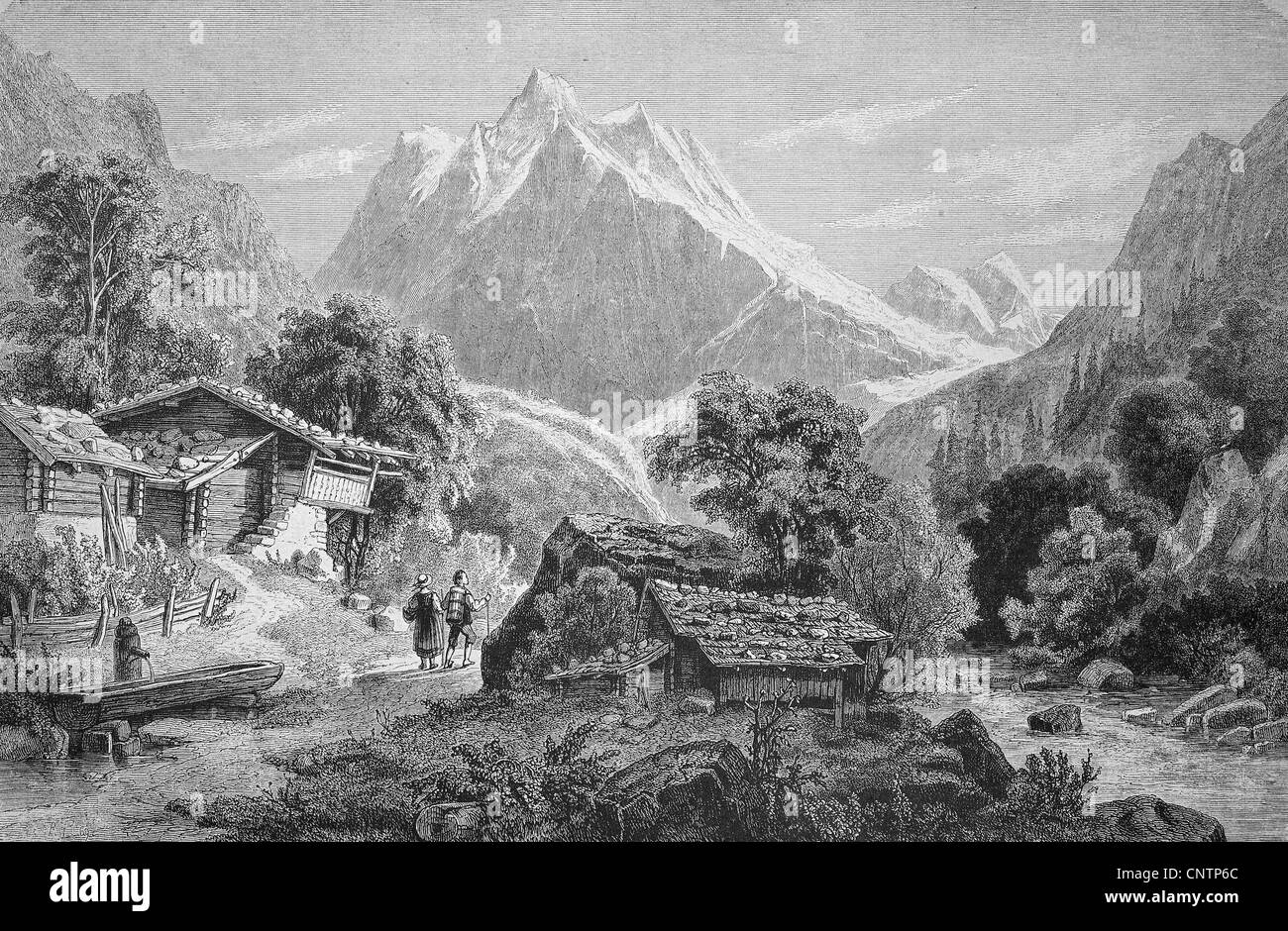 Mt Wetterhorn auf dem Weg von Interlaken nach Grindelwald, Schweiz, historische Holzstich, ca. 1880 Stockfoto