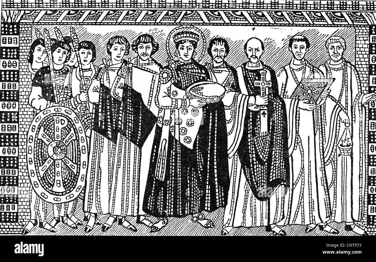 Justinian I. (Flavius Petrus Sabbatius Iustinianus), oströmischer Kaiser 1.4.527 - 14.11.565, Mosail im Chor von San Vitale, Ravenna, ca. 530, Holzgravur, 19. Jahrhundert, Stockfoto