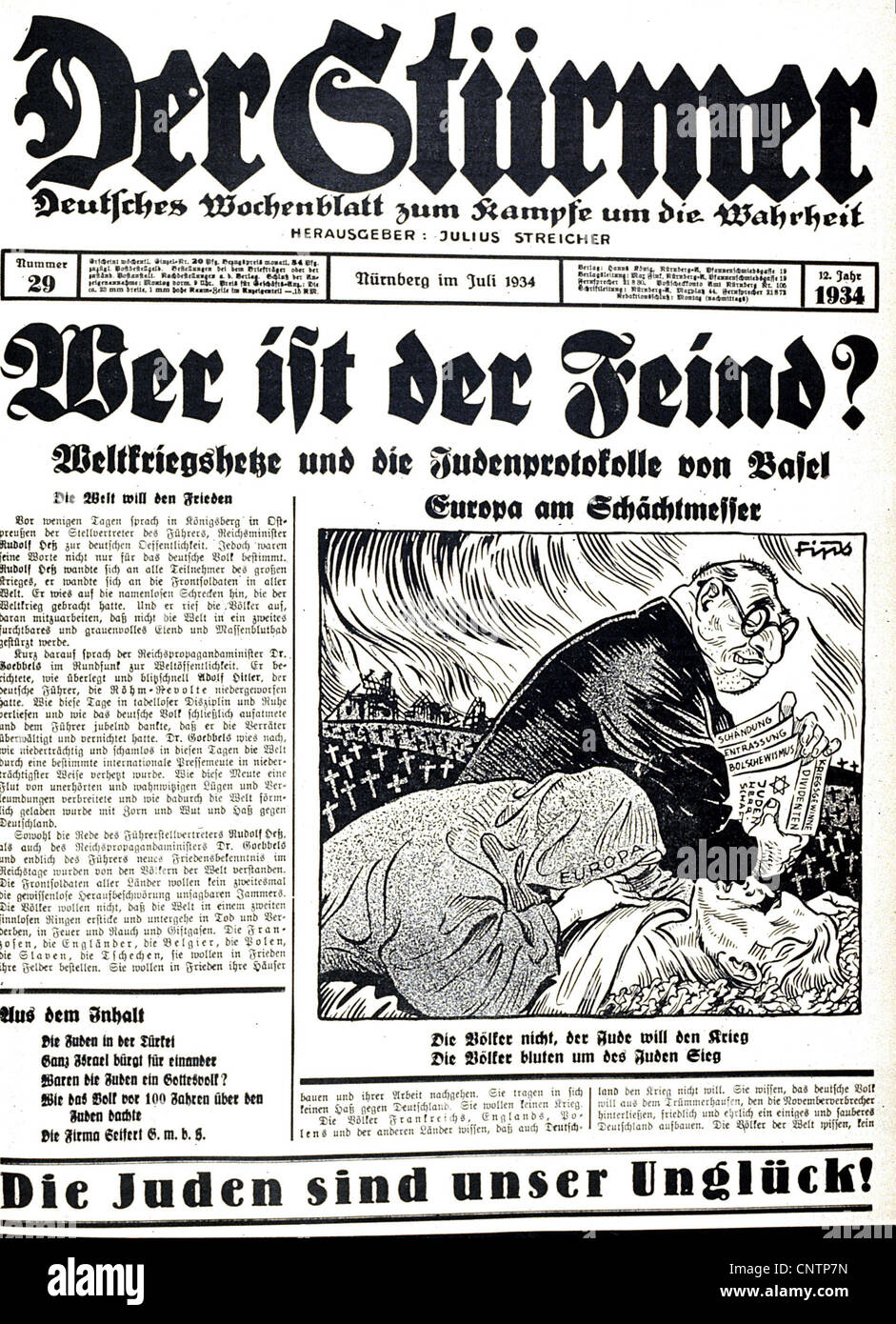 Nationalsozialismus, Propaganda, Presse, 'der Stuermer', Nr. 29, Juli 1934, Titelseite, Überschrift: 'Wer ist der Feind?', Karikatur: 'Europa unter dem Fleischermesser', Zeichnung von FIPS, Zusatzrechte-Clearenzen-nicht vorhanden Stockfoto