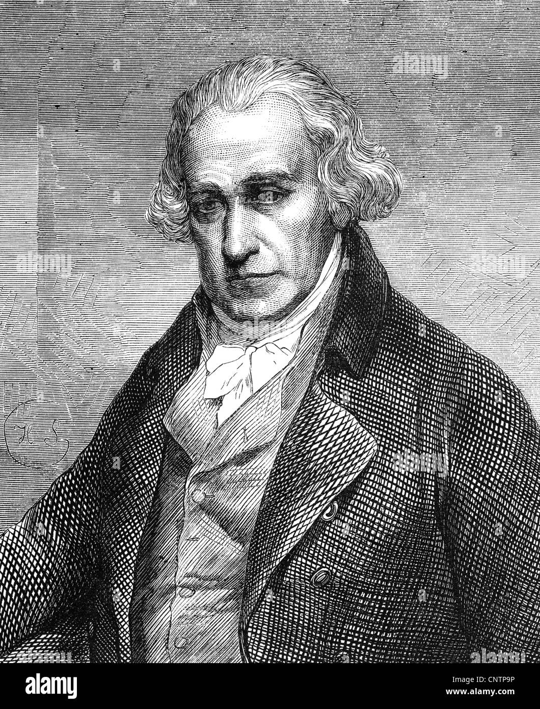 Watt, James, 19.1.1736 - 25.8.1819, schottischer Ingenieur, halbe Länge, Holzgravur, 19. Jahrhundert, Stockfoto