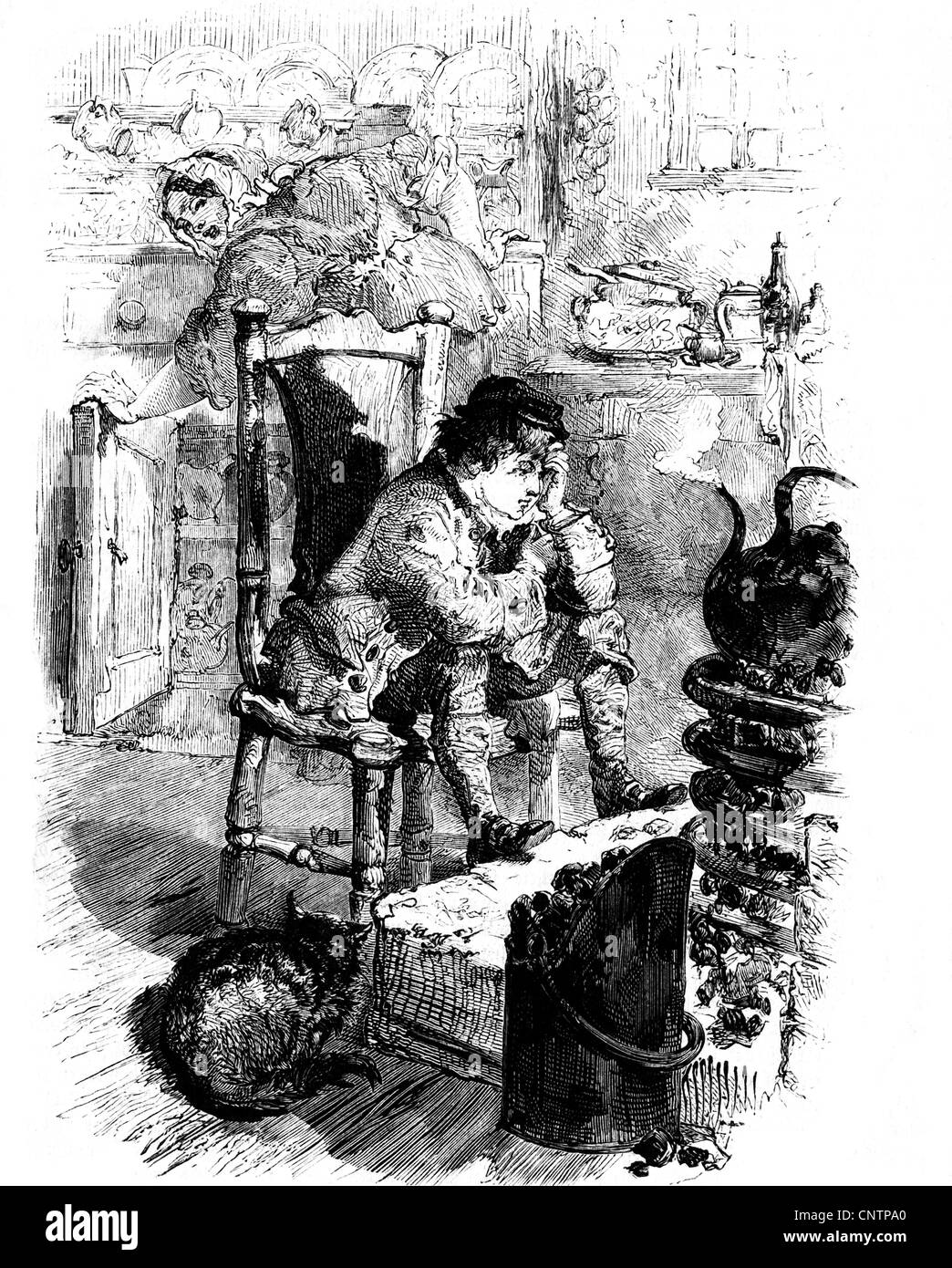 Watt, James, 19.1.1736 - 25.8.1819, schottischer Ingenieur und Erfinder, als Kübel, beobachtet den Dampfkessel seiner Mutter, Holzgravur, 19. Jahrhundert, Stockfoto