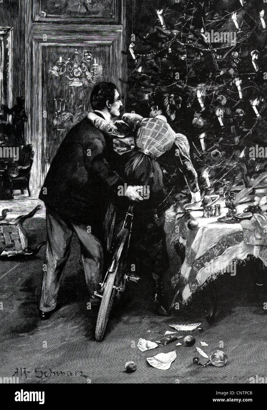 Weihnachten, Geschenk am Heiligabend, Ehepaar versucht ein Fahrrad, Illustration, um 1900, zusätzliche-Rechte-Clearences-nicht vorhanden Stockfoto