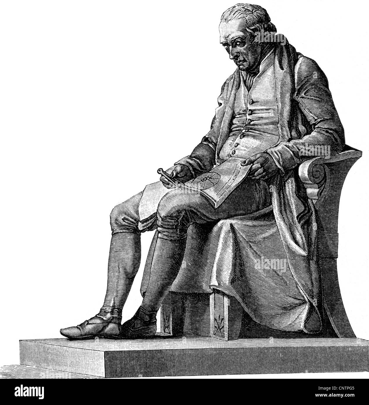 Watt, James, 19.1.1736 - 25.8.1819, schottischer Ingenieur und Erfinder, Denkmal, Saint Mary's Church, Birmingham, Statue von Francis Legatt Chantrey, 187, Holzgravur, 19. Jahrhundert, Stockfoto