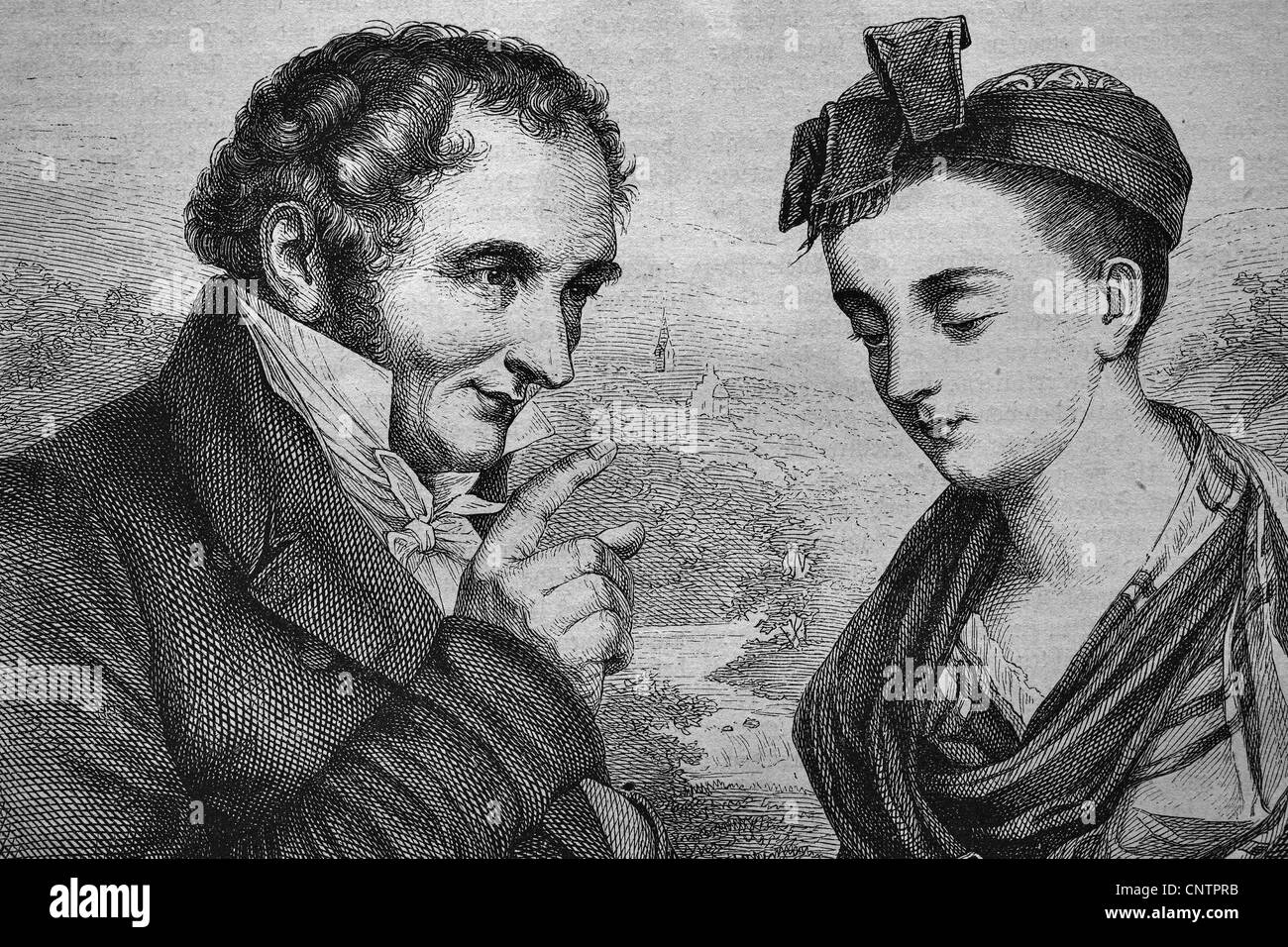 Johann Peter Hebel, 1760-1826, Dichter, und Breneli, eigentlich Veronica Rohre, 1779-1869, wahrscheinlich seine Geliebte, historische Holz Stockfoto