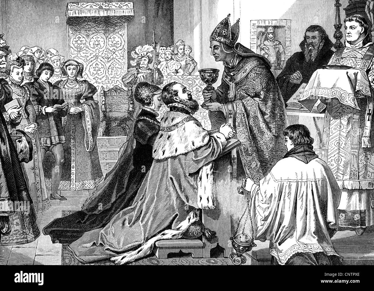 Joachim II Hektor, 9.1.1505 - 3.1.1571, Kurfürst von Brandenburg 11.7.1535 - 3.1.1571, mit Frau Hedwig, die Eucharistie unter beiden Arten empfangen, Holzgravur, 19. Jahrhundert, Stockfoto