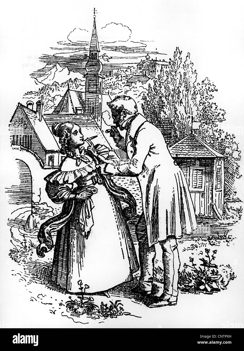 Tabak, Zigarre, Zigarren rauchender Mann und Frau, Radierung von Moritz v. Schwind (21.1.1804 - 8.2.1871) aus 'Album fur Raucher und Trinker', 1833/, 1834, Additional-Rights-Clearences-not available Stockfoto