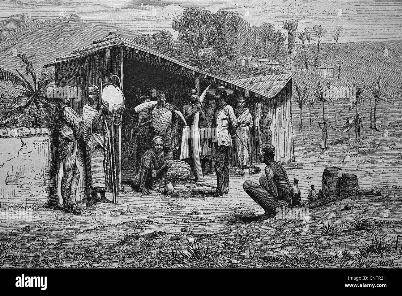 Elfenbein Händler an der Westküste von Afrika, historischen Holzschnitt, um 1870 Stockfoto