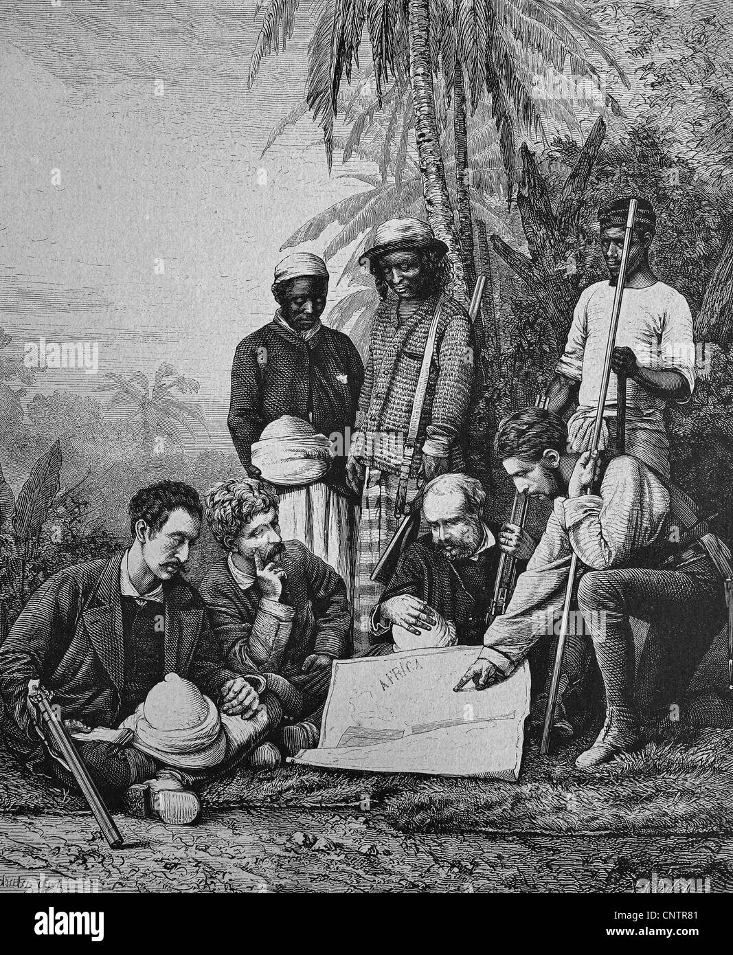 Henry Stanley und Mitglieder der portugiesischen Gesellschaft in San Paolo de Lando, historischen Holzschnitt, um 1870 Stockfoto