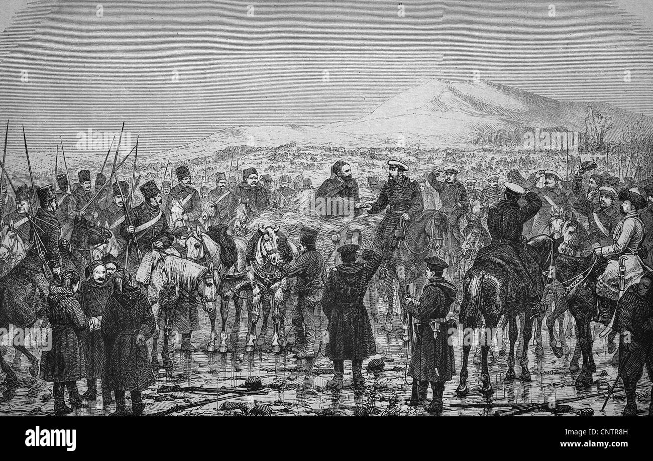 Osman Pascha Treffen mit der Großherzog nach der Kapitulation von Plewna, Bulgarien, historischen Holzschnitt, um 1870 Stockfoto