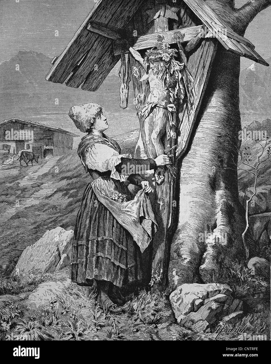 Frau vor einem Wegkreuz in den Alpen, historischen Holzschnitt, um 1870 Stockfoto