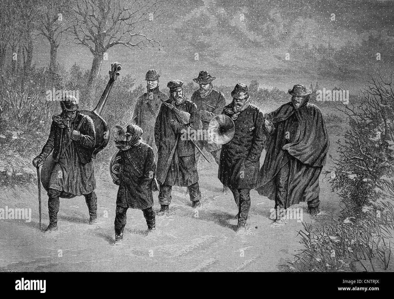 Band aus Musikern im Schnee, historischen Holzschnitt, um 1870 Stockfoto