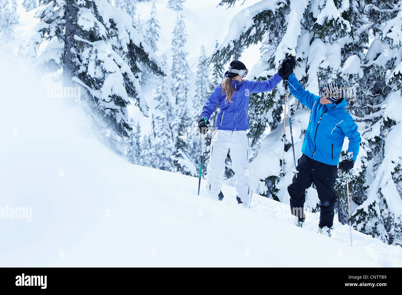 Skifahrer-fiving auf verschneiten Bergen Stockfoto
