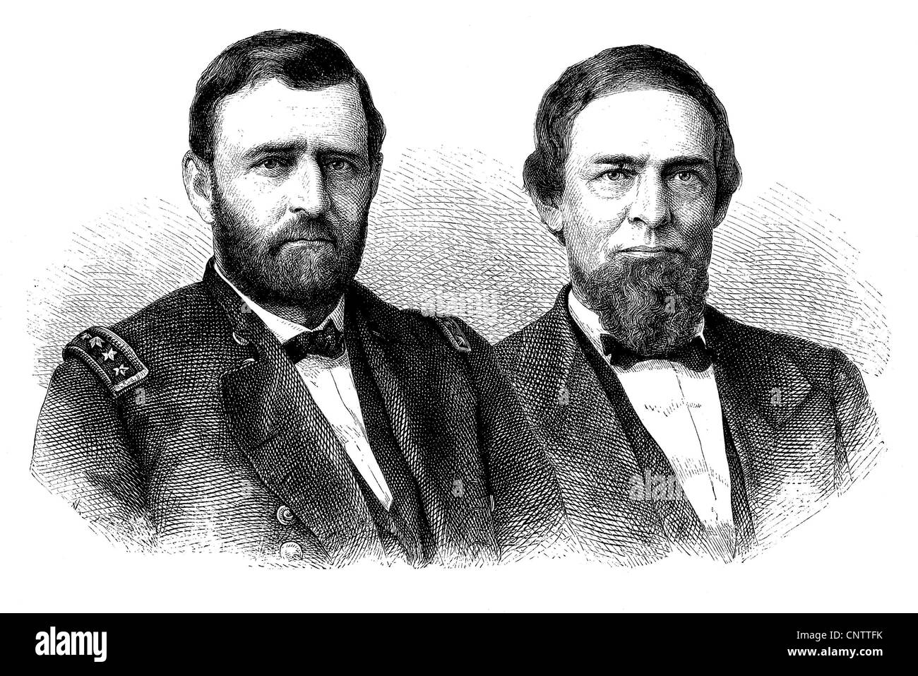 US-Präsident Ulysses Simpson Grant und Vizepräsidenten Schuyler Colfax, historische Gravuren, um 1870 Stockfoto