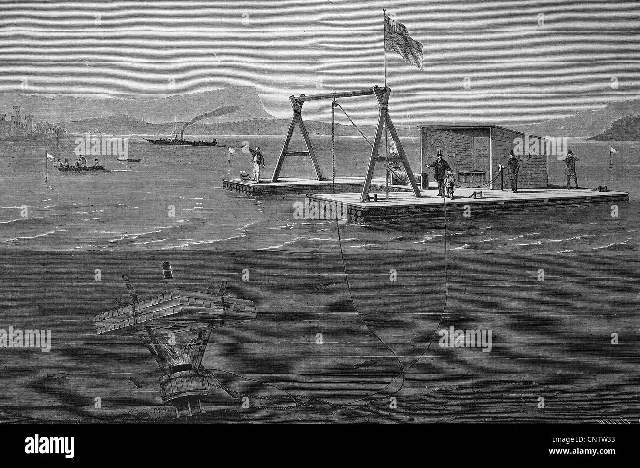 Unterwasser shooting versuchen am Starnberger See von Sebastian Wilhelm Valentin Bauer, 1822-1875, deutschen Erfinder, der die erste gebaut Stockfoto