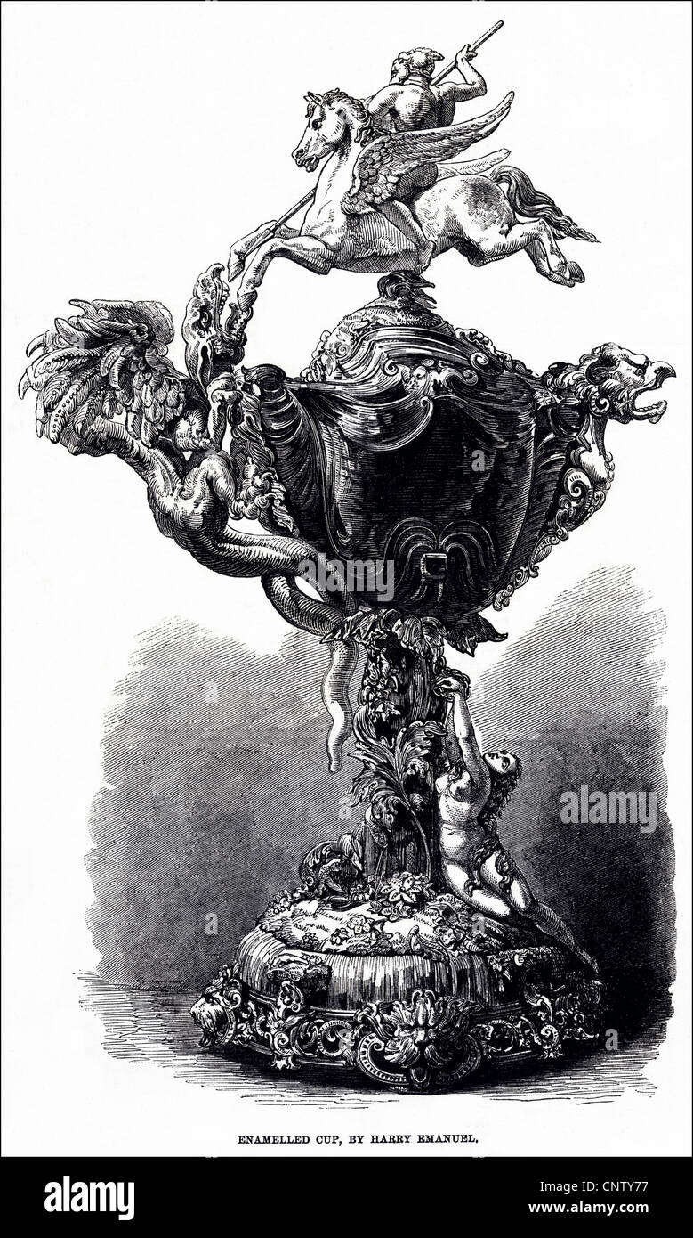 Emailliertes Gold Cup auf das Thema "Perseus und Andromeda" von Harry Emanuel auf der Internationalen Ausstellung in South Kensington London ausgestellt. Viktorianische Gravur vom 12. Juli 1862 Stockfoto