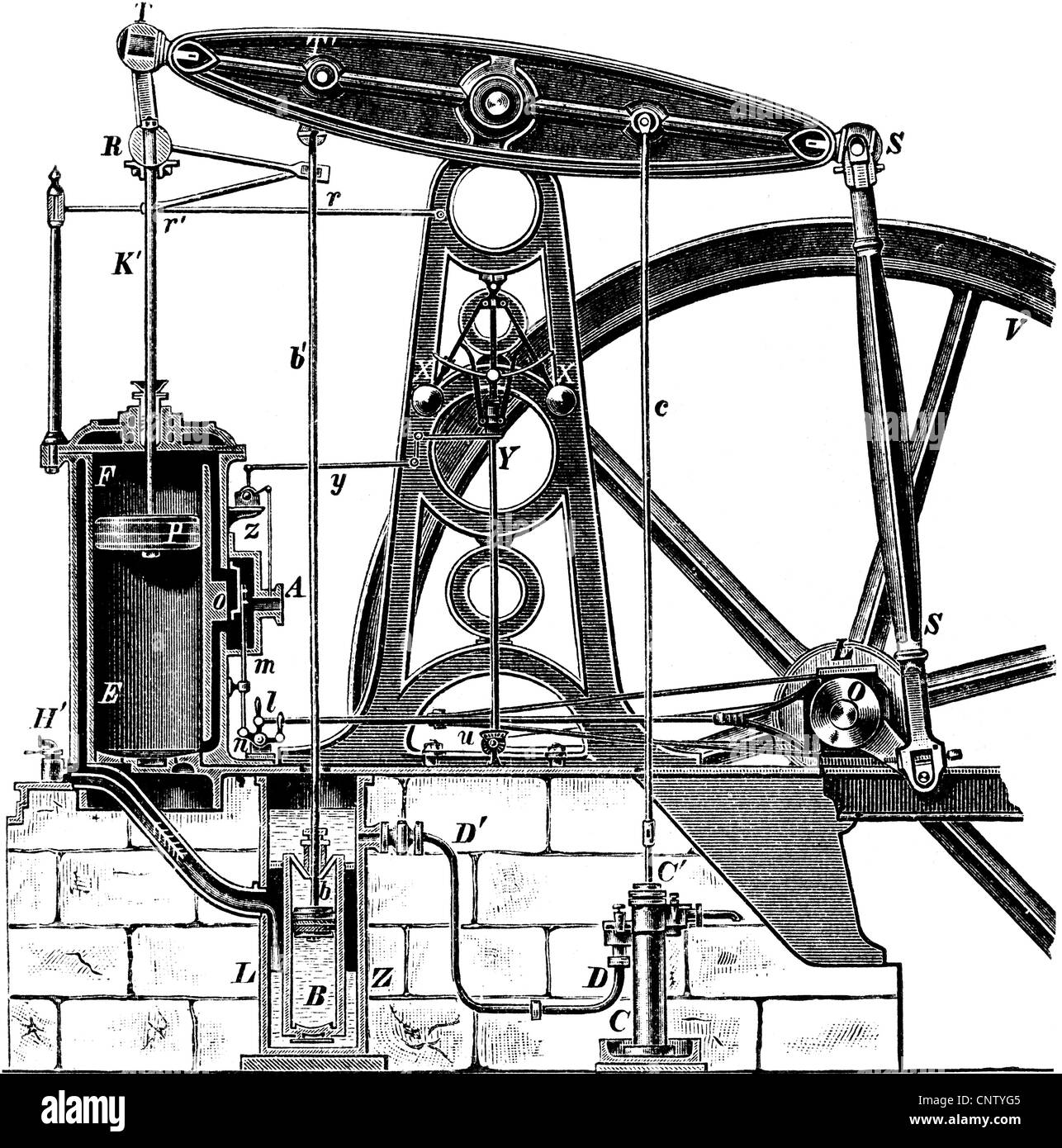 Watt, James, 19.1.1736 - 25.8.1819, schottischer Ingenieur und Erfinder, seine Dampfmaschine, 1776, Diagramm, Holzgravur, 19. Jahrhundert, Stockfoto