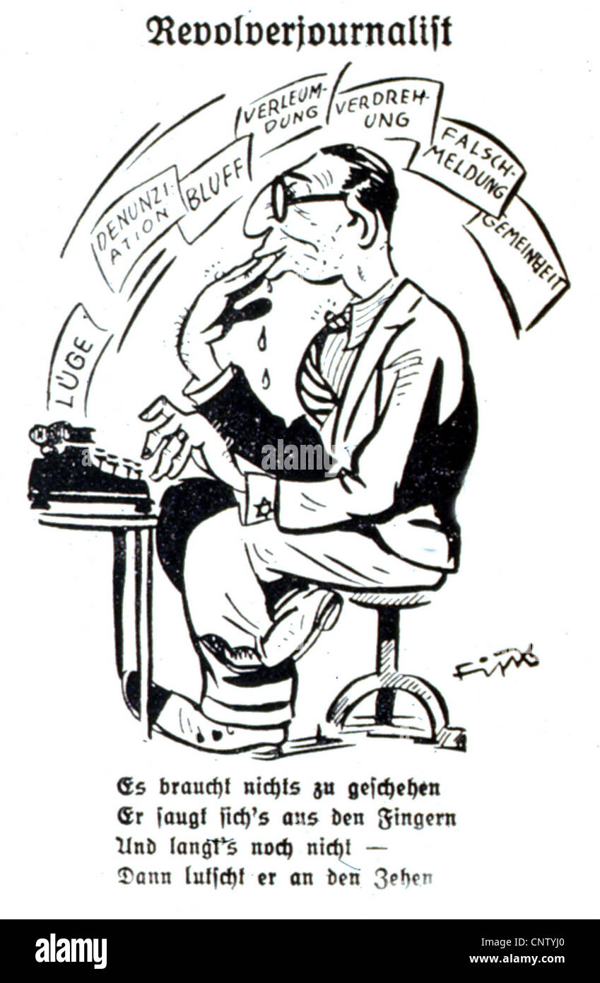 Nationalsozialismus / Nationalsozialismus, antisemitische Propaganda, Karikatur auf die jüdische Presse von FIPS, 'Revoluverjournalist' (Hatchet-Journalist), aus 'der Stuermer', 1940, Zusatzrechte-Clearences-nicht vorhanden Stockfoto