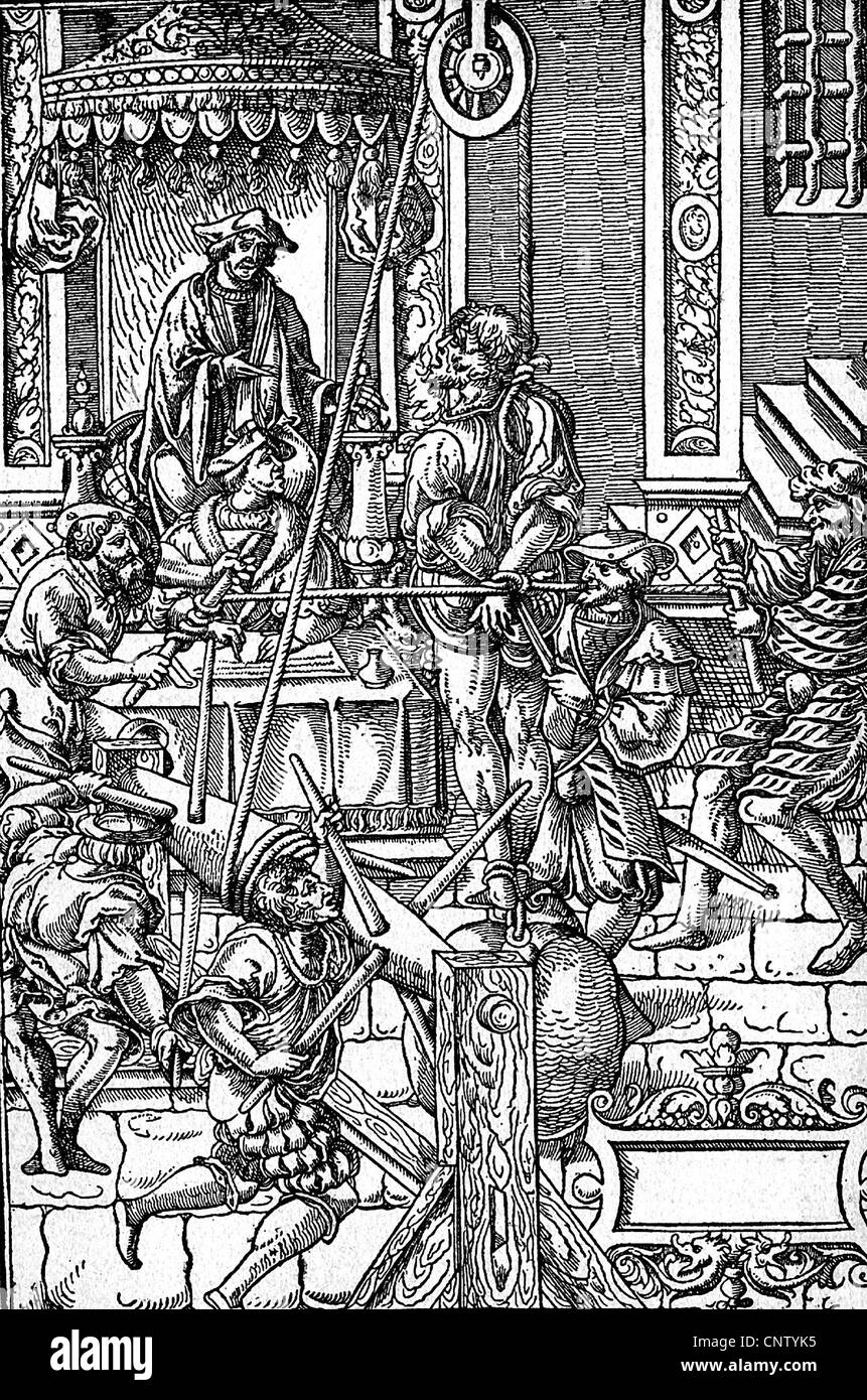 Justiz, Folter, Verhör, Holzschnitt von Johannes Millaeus, Praxis criminalis, Paris, 1541, Zusatzrechte-Clearences-nicht vorhanden Stockfoto