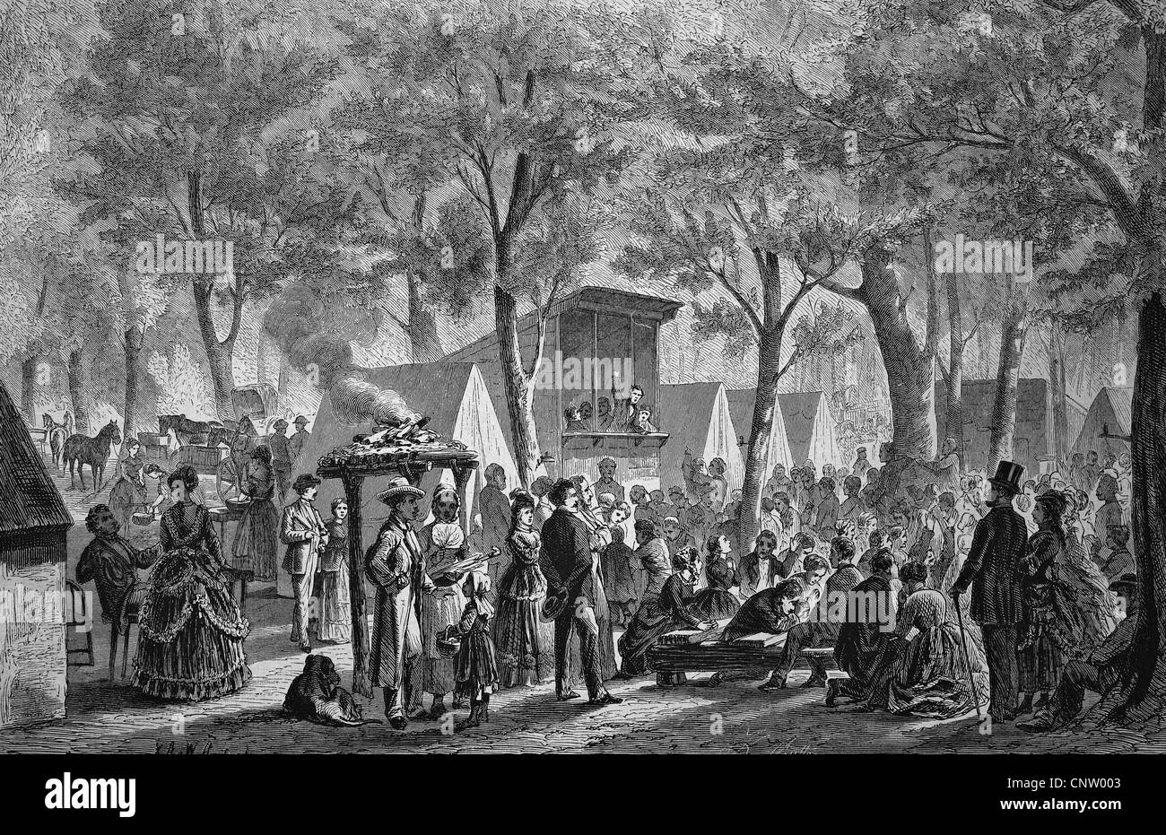 Camp Meeting der Methodisten, historischen Holzschnitt, um 1870 Stockfoto