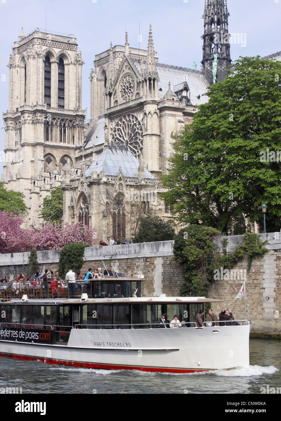 Ein Ausflugsschiff Kreuzfahrten durch die Kathedrale Notre Dame, Paris, Frankreich Stockfoto