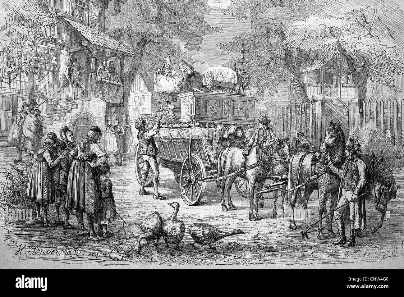 Pferdegespannen Hochzeitskutsche in Schwalmstadt, Hessen, Deutschland, Schwaelmergrund, historische Holzstich, 1886 Stockfoto