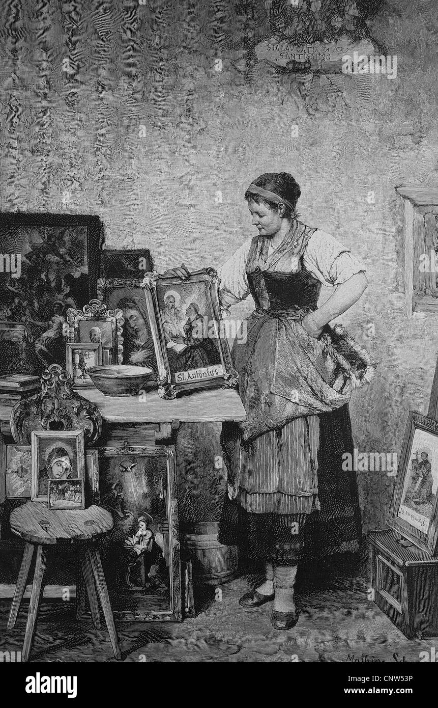 Gönner, Frau mit Bildern von Heiligen, historische Gravuren, 1880 Stockfoto