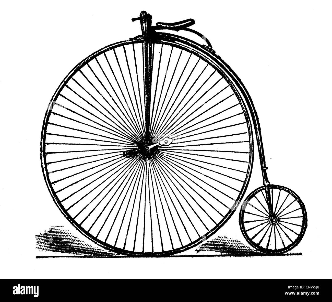 Fahrrad ab 1885 die ersten Fahrräder, historische Gravuren, 1880 Stockfoto