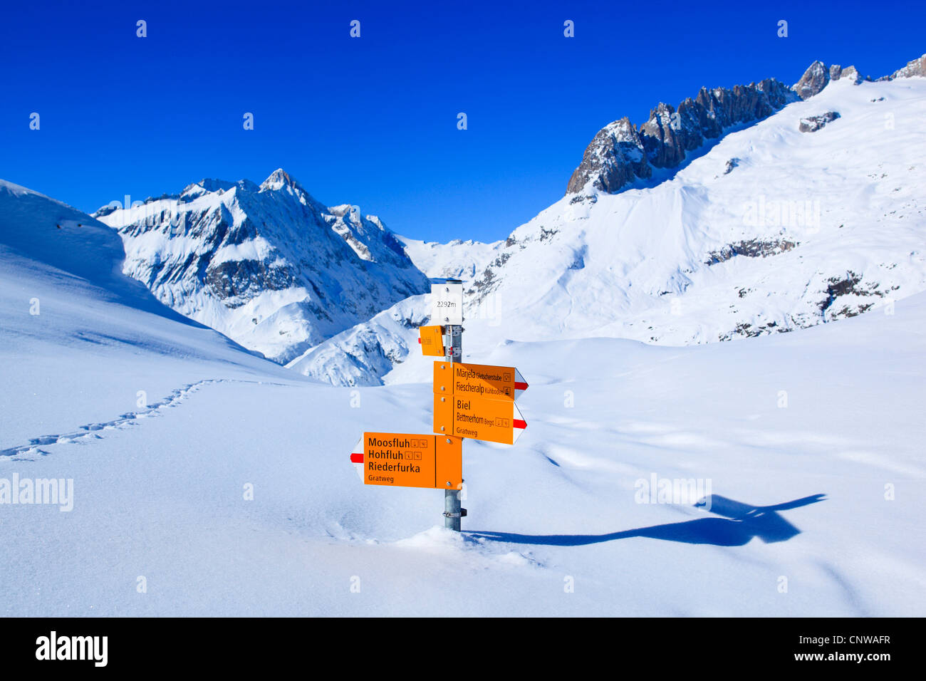Wegweiser im Aletschgebiet mit Nesthorns und Fusshorns (Grosses Fusshorn 3627 m) im Hintergrund, Schweiz, Schweizer Alpen Stockfoto