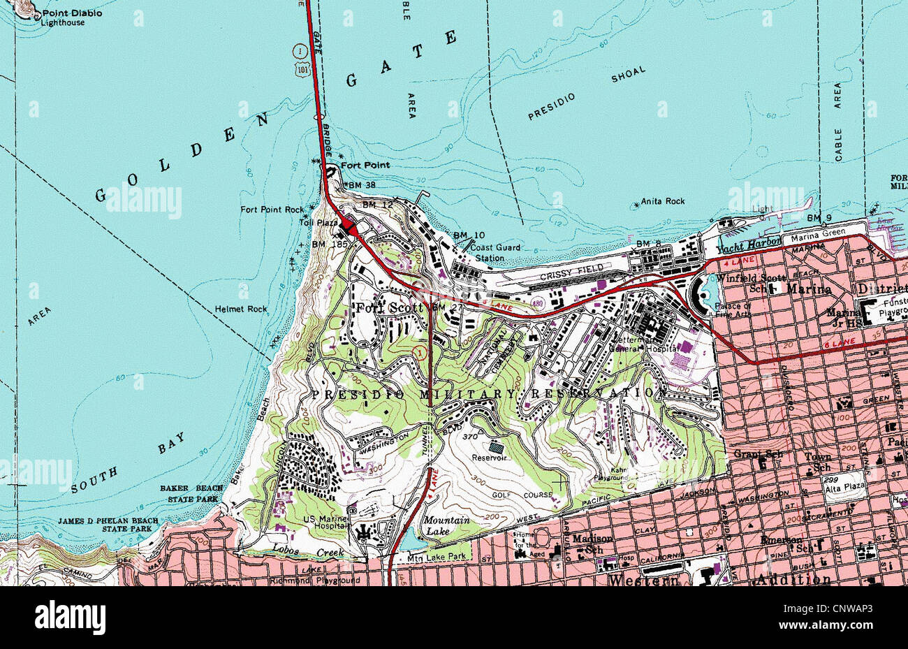 Topographische Karte von Presidio von San Francisco Kalifornien Stockfoto