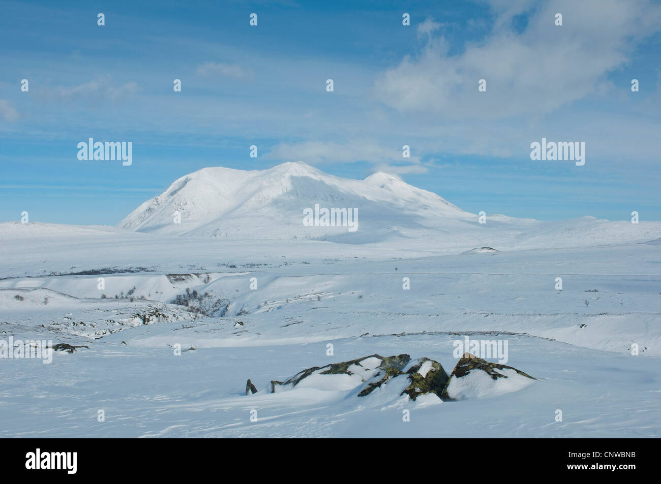 Blick über verschneite Ebene am Hkk-Massivs, Schweden, Lappland, Norrbotten, Stora Sjoefallet Nationalpark Stockfoto