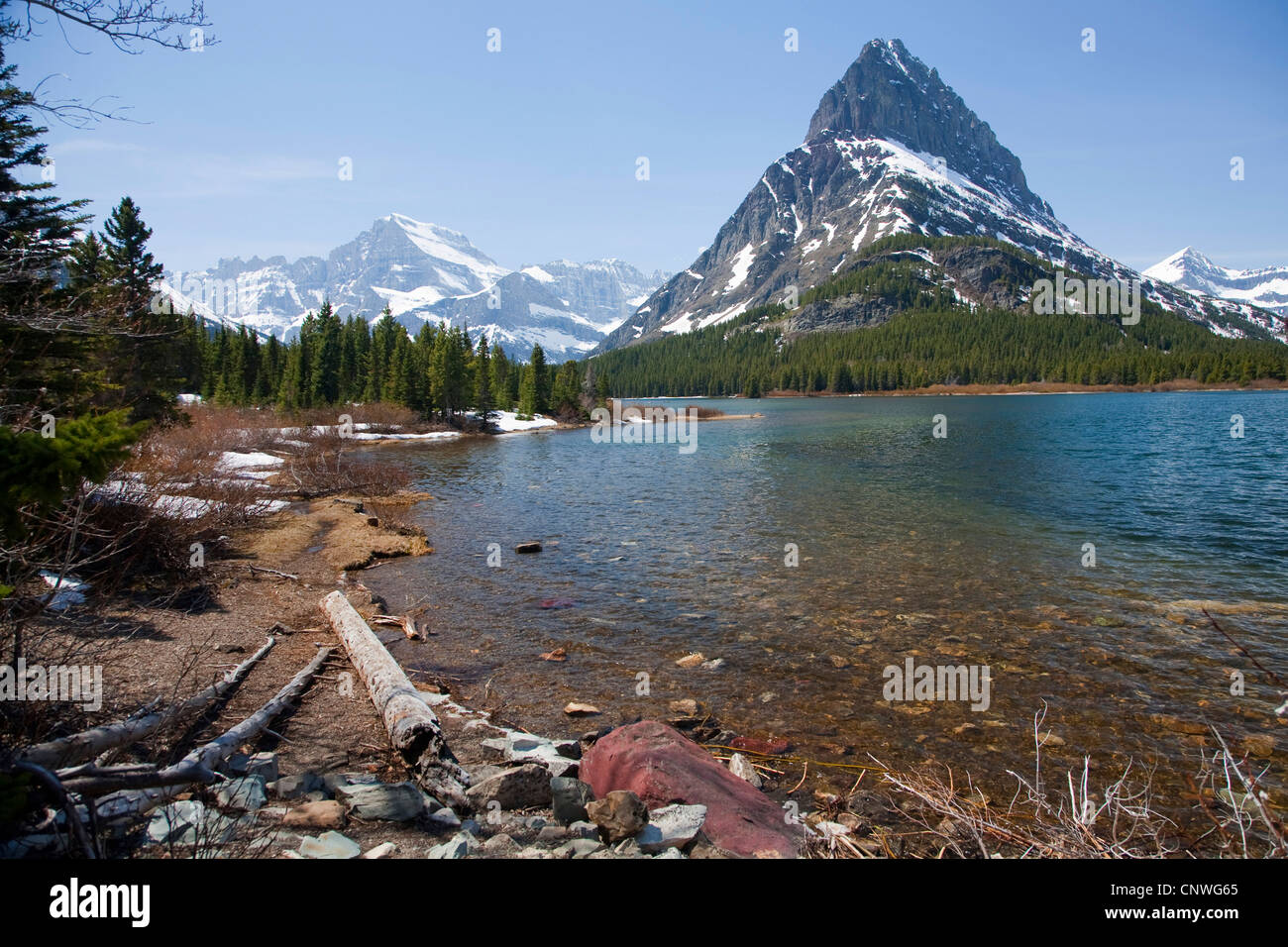 Blick auf Swiftcurrent Lake und Mount Wilbur, USA, Montana, Glacier Natioanl Park Stockfoto