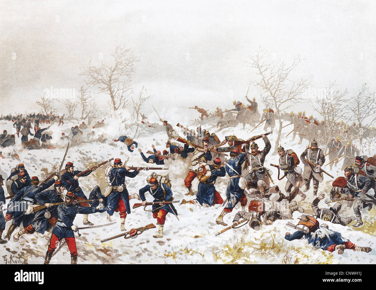 Ereignisse, Deutsch-Französischer Krieg 1870 - 1871, Schlacht von Le Mans, 10. - 12.1.1871, Nahkampf, Chromolithographie nach Georg Koch, um 1895, Winter, Schnee, Soldaten, Deutschland, Frankreich, Französische Armee der Loire, Deutsche 2. Armee, Franco - Preußen, 19. Jahrhundert, historisch, historisch, Menschen, Zusatzrechte-Clearences-nicht vorhanden Stockfoto