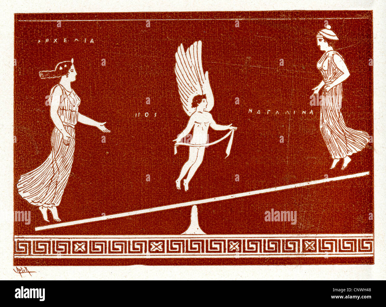 Eine geflügelte Figur in der Mitte eines Gleichgewichts zwischen zwei antiken griechischen Frauen Stockfoto