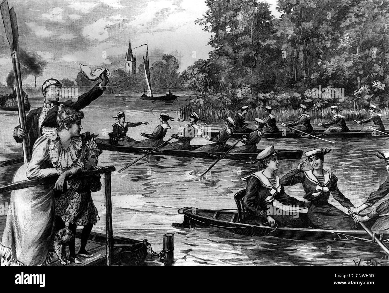 Sport, Rudern, erster Berliner Ruderclub der Damen, während der Übungsfahrt, nach Zeichnung von E. Hodang, Holzstich, 1894, Zusatz-Rechte-Freiereinräumungen-nicht vorhanden Stockfoto