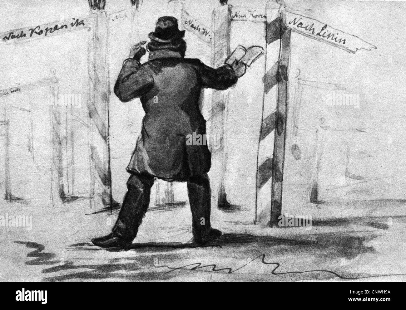 Fontane, Theodor, 30.12.1819 - 20.9.1898, deutscher Autor/Schriftsteller, als verirrter Wanderer, Karikatur von A. v. Heyden, 1859, Stockfoto