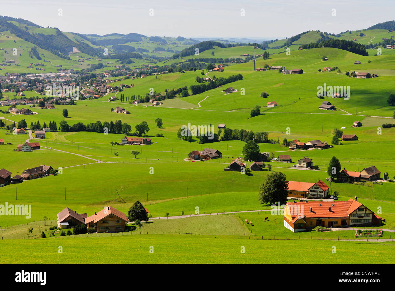 Blick über Appenzell Bezirk mit Hauptstadt Appenzell im Hintergrund, der Schweiz, Appenzell Stockfoto