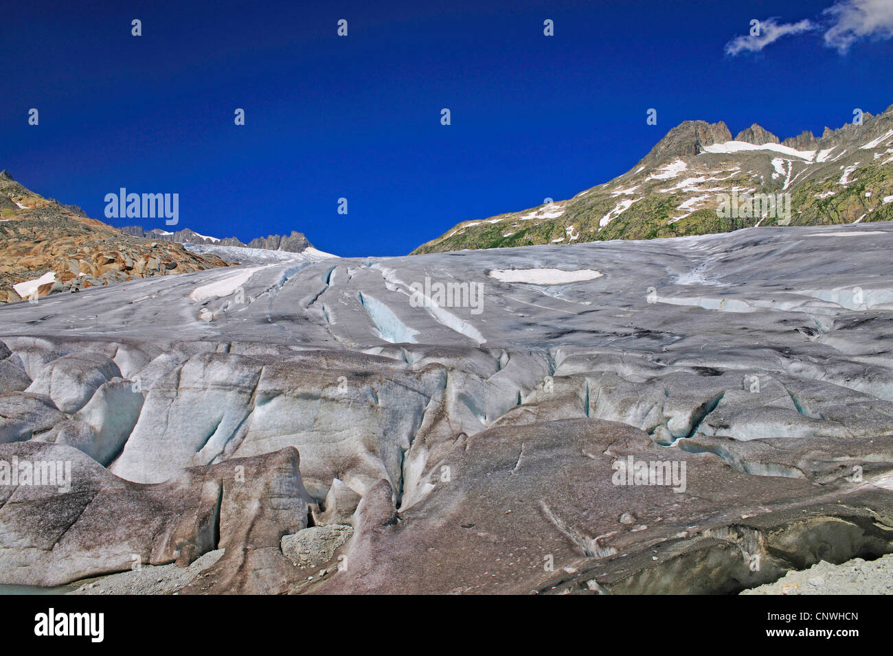 Blick vom Eis der Rh Ne Gletscher bis zur Gletscherzunge, Schweiz, Wallis Stockfoto