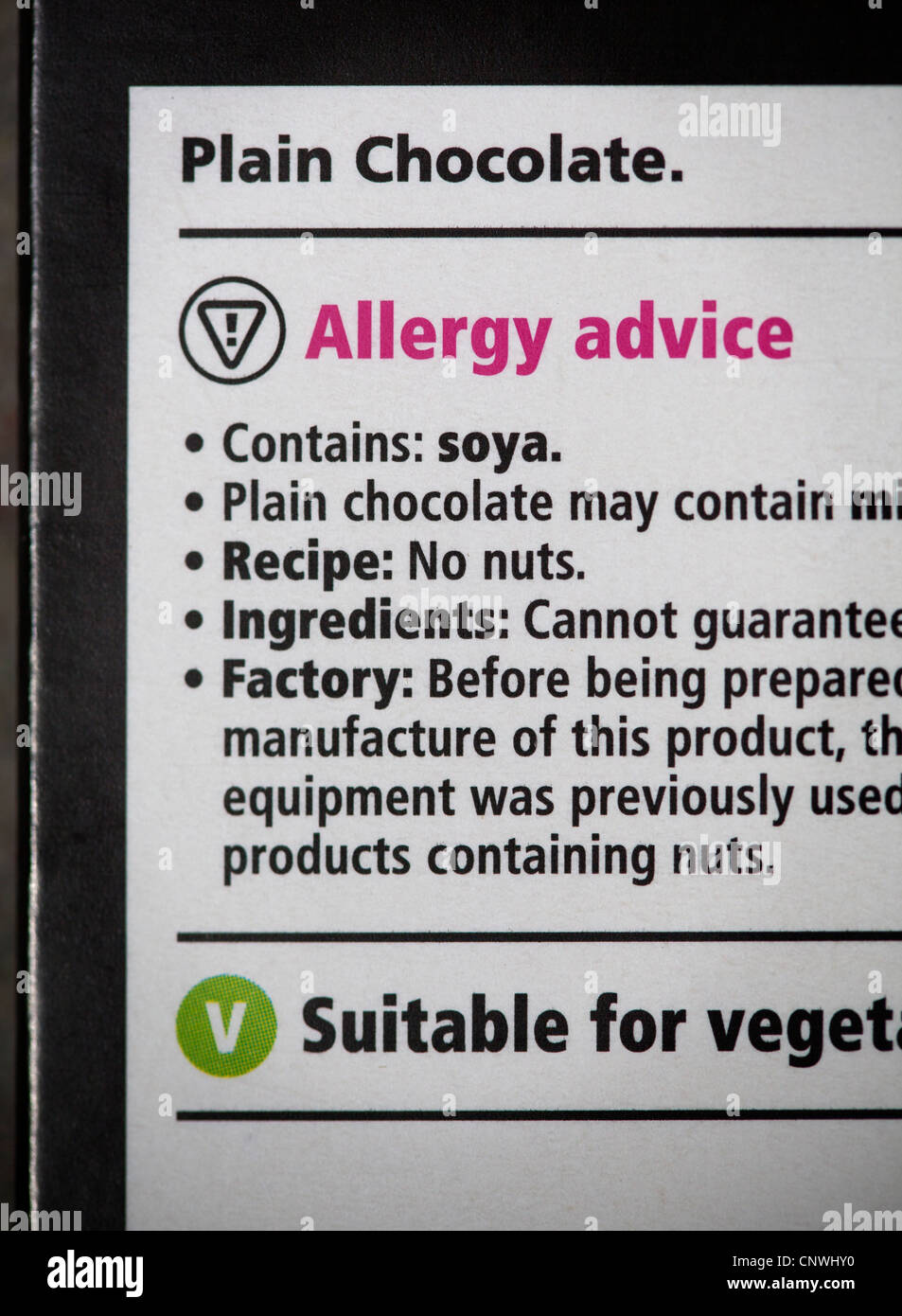 Schokoriegel-Allergie-Label Stockfoto