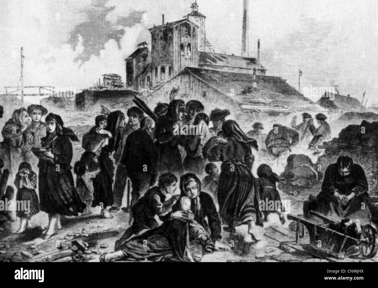 Bergbau, Katastrophen, Minenkatastrophe in Lugau, Sachsen, 1.7.1867, Verwandte warten am Schachteingang, zeitgenössische Holzstich, Zusatz-Rechte-Freiungen-nicht vorhanden Stockfoto