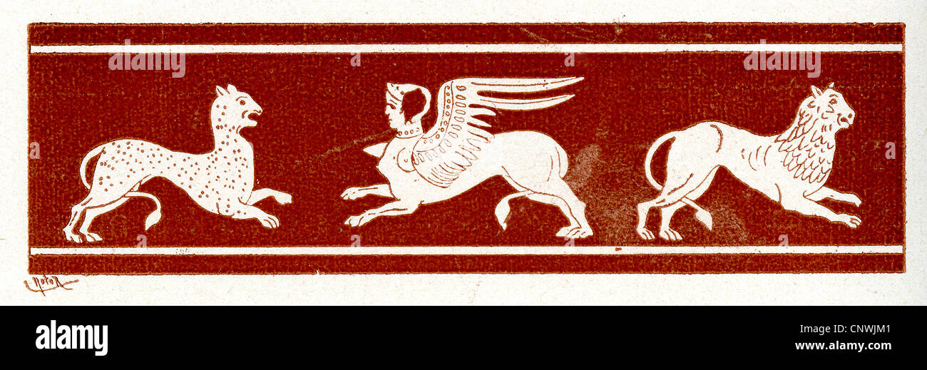 Eine Sphinx mit einem Leoparden und Löwen im klassischen griechischen Stil Stockfoto