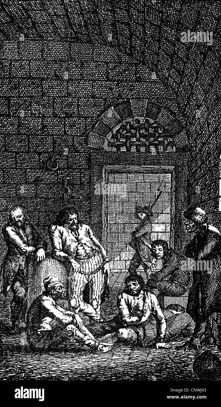 Justiz, Strafvollzug, Gefängnis, Verbrecher in eine Zelle, Kupferstich