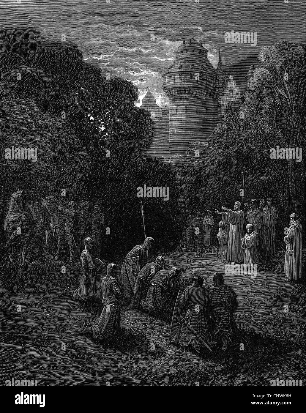 Mittelalter, Kreuzzüge, Ersten Kreuzzug 1096 - 1099, Aufbruch ins Heilige Land, Segnung der Kreuzfahrer, 1096, holzstich von A. Bellenger nach Zeichnung von Gustav Doré,'Histoire des croisades' von Joseph Francois Michaud, 1875, Artist's Urheberrecht nicht gelöscht werden Stockfoto